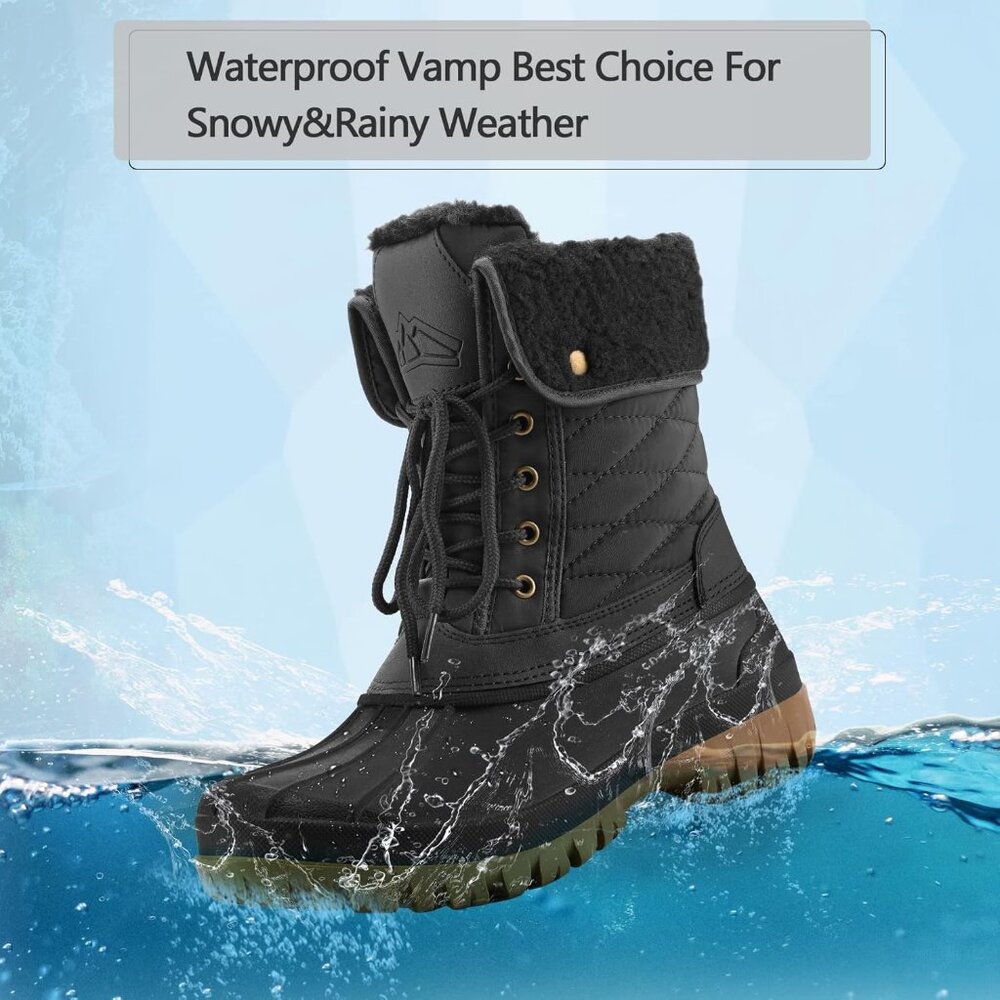 Women's Black Waterproof Insulated Snow Boots Lace-Up Mid Calf Duck Boots - Picture 4 of 7
